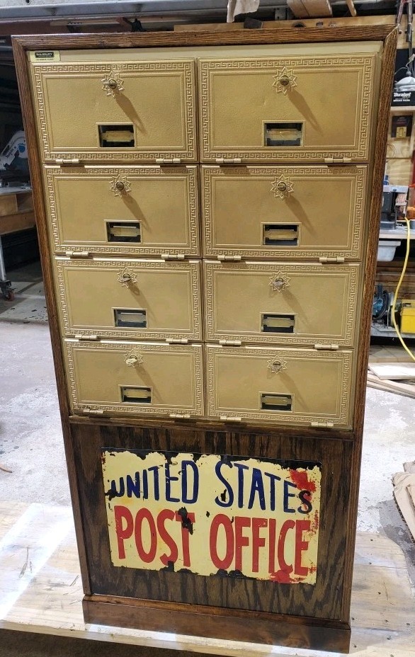 Vintage Post Office 8 Brass Boxes Metal/oak Cabinet Salsbury Sign
