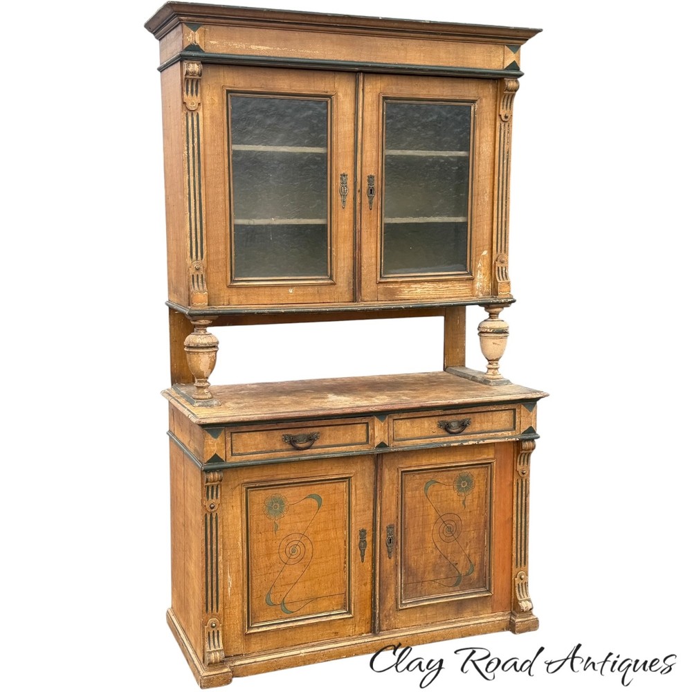antique French country step back pine cupboard cabinet original paint decoration