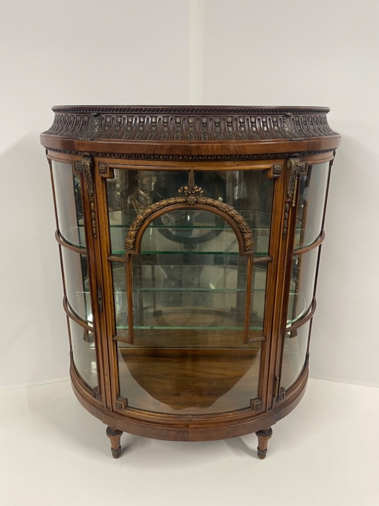 Antique Demilune French Louis XV Walnut Vitrine Display Cabinet