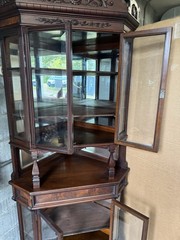 RARE VICTORIAN WALNUT AND BURL BEVELED GLASS CORNER CHINA CABINET