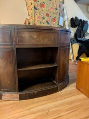 Antique Kidney Shaped Wood & Leather Cabinet w/ Shelves, Brown 32″x30″x24″