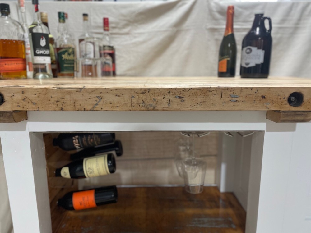 Reclaimed vintage wood bar cart/ island with cooler and wine rack. 