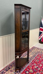Antique English Jacobean Corner Cabinet Barley Twist Legs Glass Door Oak 1920s