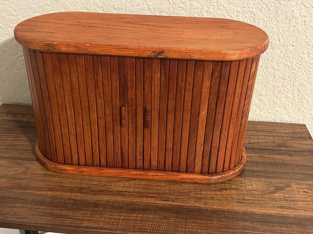 VTG handmade Wooden CD Storage Cabinet with Slatted Rolling Doors, Oval Shape