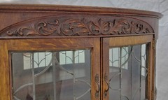 Victorian Oak Bowed Curved Glass China Cabinet with Leaded Glass & Claw Feet