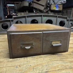 Two Drawer Oak Card Catalog File Cabinet, 15 1/2” Wide, 16” Deep, 6 1/2” Tall.