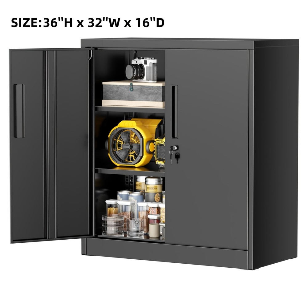 Pure Black Metal Storage Cabinet 36″H With 2 Adjustable Shelves Lockable
