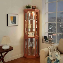 69″ 5-Tier Lighted Curio Corner Display Cabinet w/Glass Door &Adjustable Shelves