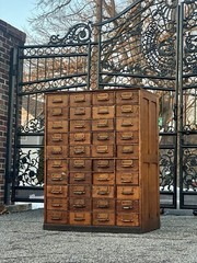Large solid wood, antique multi drawer card catalog cabinet