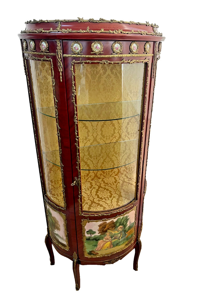 Vintage French Curio China Cabinet Vitrine Demilune Lighted locking curved glass