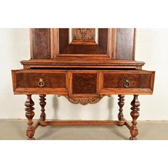 Early Romweber Antique English Jacobean Carved Oak Bar Cabinet, Circa 1900