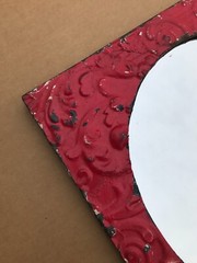 Decorative Salvaged Tin Ceiling 20″ x 23″ Red Metal Tin Oval Mirror Old 1861-23B