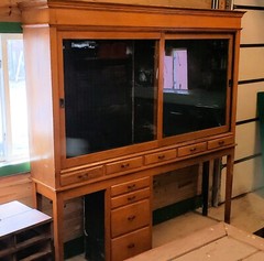 19th c. Old Store Sliding Glass Display Cabinet w/ Drawers, Open Base