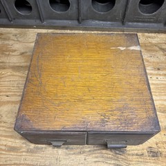 Two Drawer Oak Card Catalog File Cabinet, 15 1/2” Wide, 16” Deep, 6 1/2” Tall.