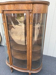 67718 Antique Victorian Oak Lion Head China Cabinet with Curved Glass Doors