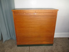 FRENCH Tambour Fronted ANTIQUE Tiger Oak Green Leather Top Filing Cabinet