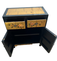Mid Century Chinese Console Cabinet, Two Drawers Chinoiserie Hand Painted Flower
