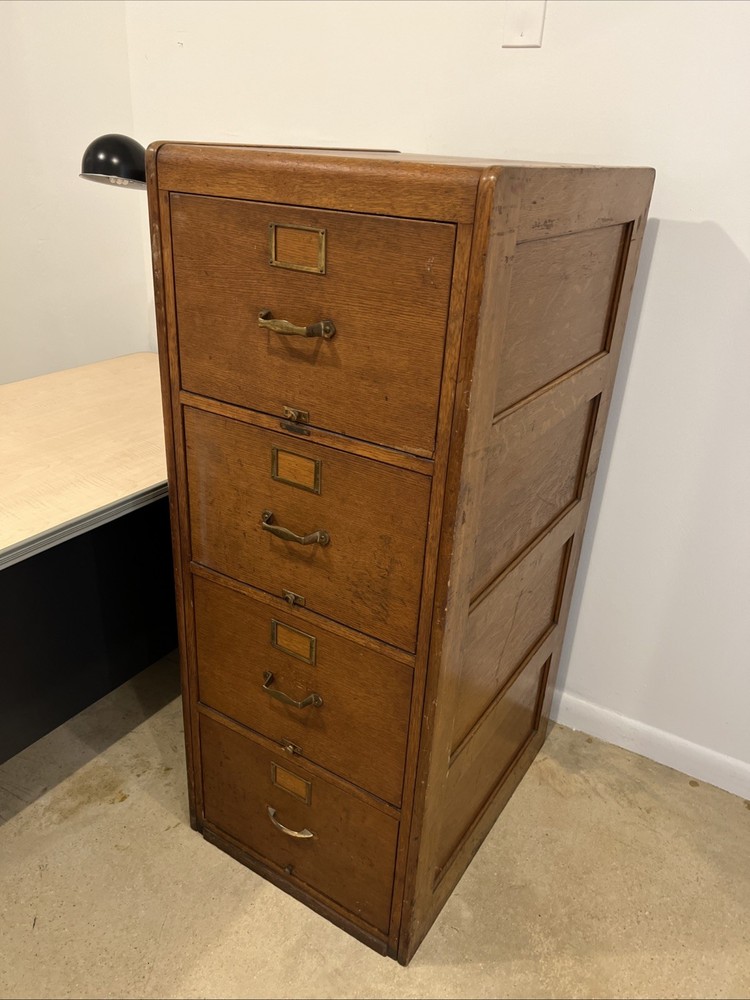 Antique Arts & Crafts Tiger Oak Four Drawer Office File Cabinet – Brass Hardware