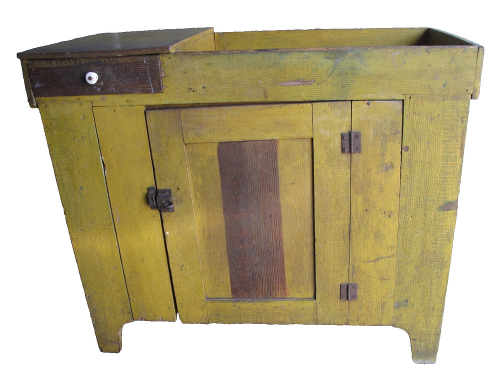 Antique American Dry Sink Cabinet Original Yellow Paint One of the Best c. 1840
