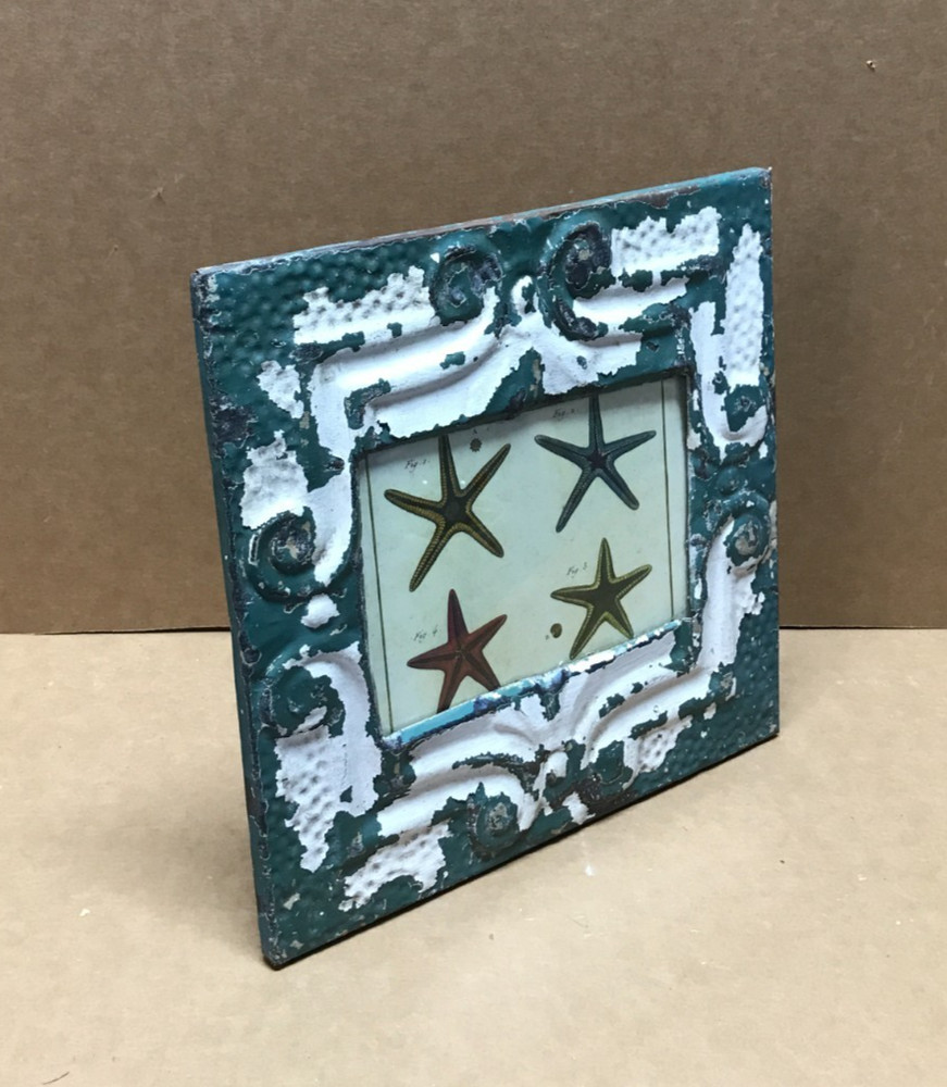 VTG Shabby 11″ Sq. 5×7 Photo Tin Ceiling Metal Blue Picture Frame Old 390-26B
