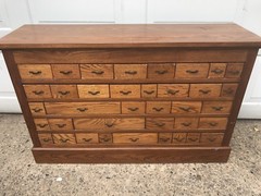 Multi Drawer Antique Oak Store Parts Cabinet 45 In. Wide
