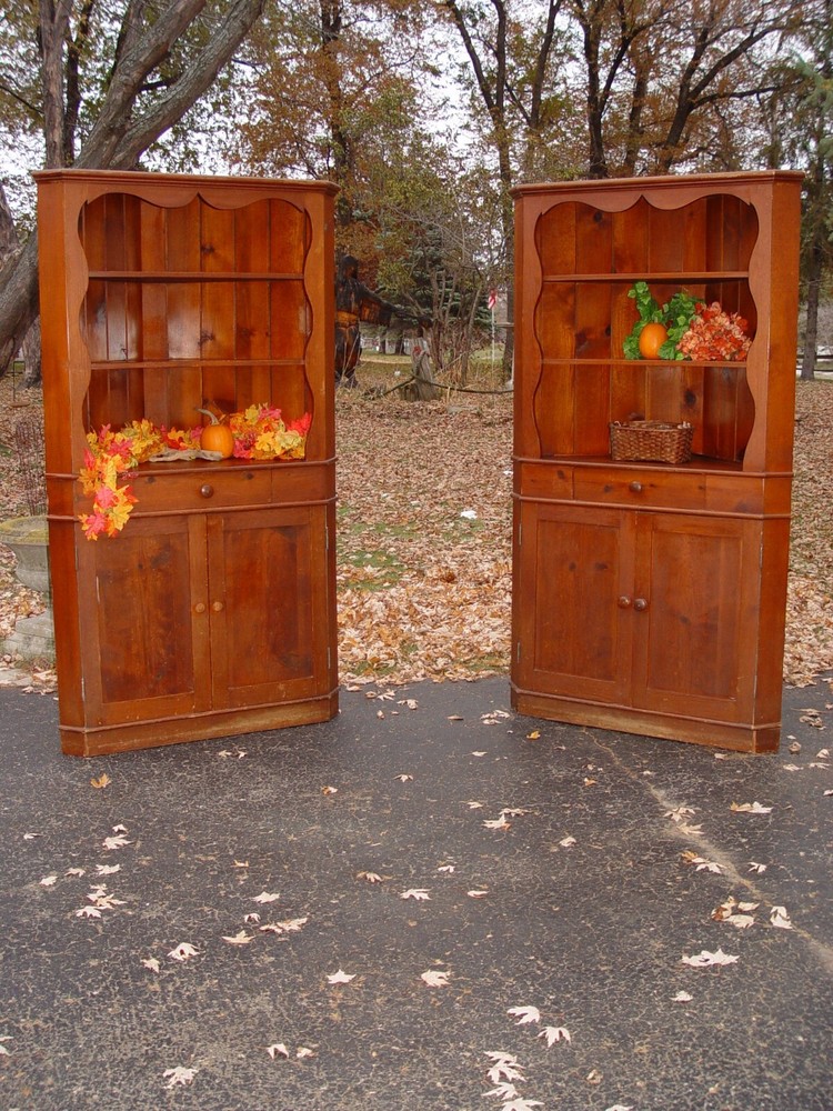 1930s – 40s Country Pine Corner Cabinet Pair, Hand Made