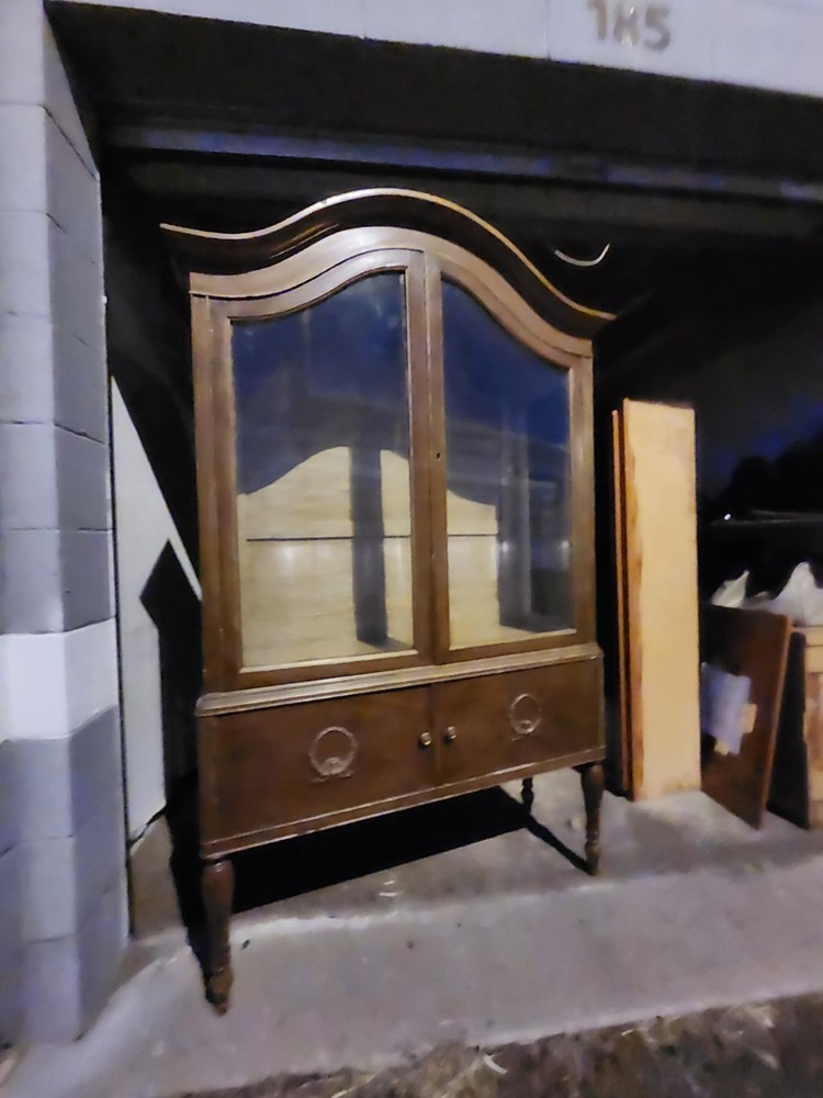 Antique Glass Front Wood China Cabinet with Brass Handle, Lock & Key