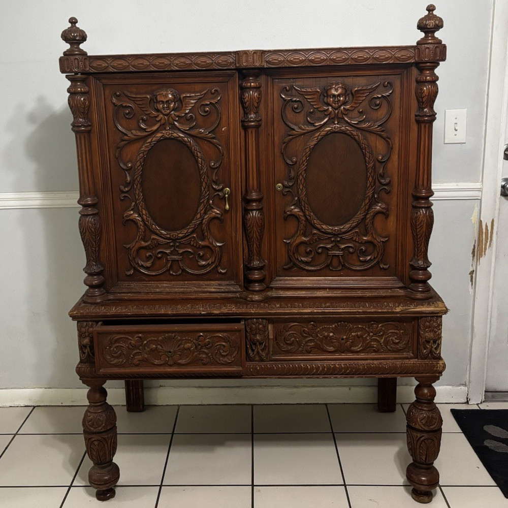 Antique Brown Carved Wood Cabinet, 2 Raised Panel Doors & 2 Drawers 40x24x58