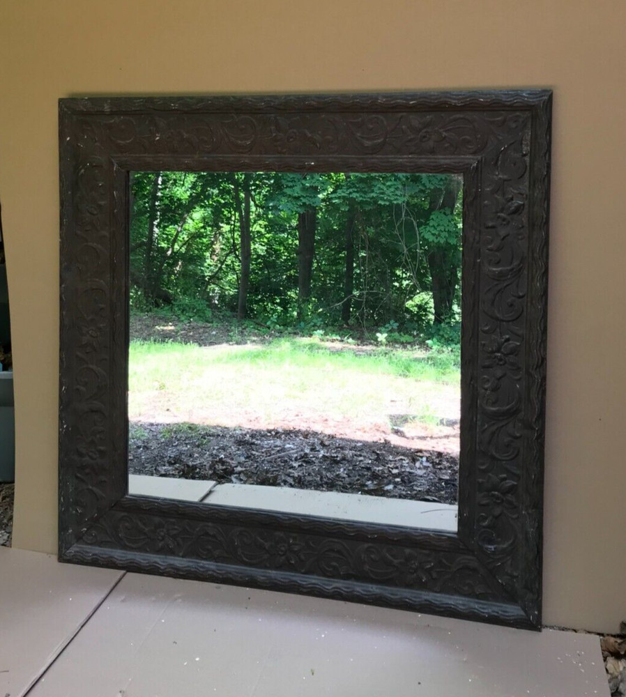 VTG Decorative Floral Tin Cove 46″ SQ. Tung Oiled Rust Metal Mirror Old 1053-23B