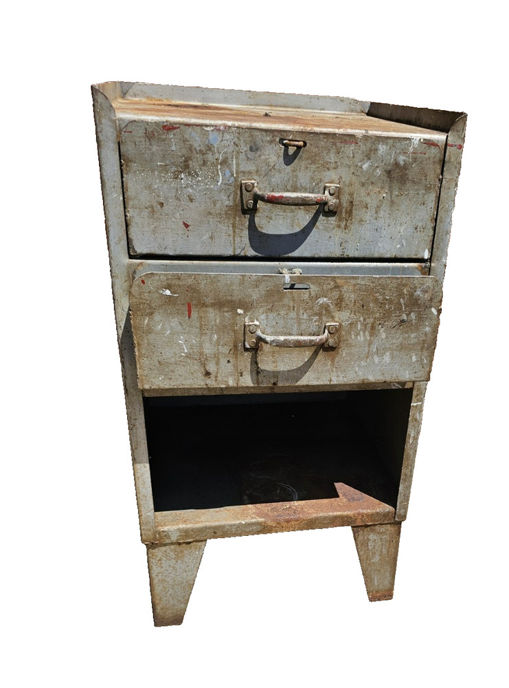 VINTAGE INDUSTRIAL METAL TOOL BOX CABINET TWO DRAWERS OLD FACTORY CART