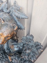 Antique carved Black Forest wood wall corner cabinet bear hunter litho