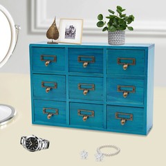 Desk Drawer Organizer Wooden Rustic Cabinet with 9 Drawers Blue