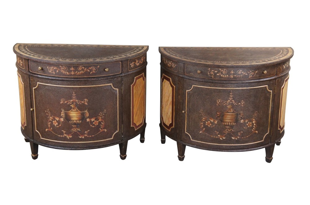 2 Maitland Smith Neoclassical Demilune Chiffonier Cabinet Commode Console Tables