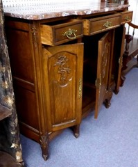 Antique French Oak Sideboard w/Marble Top,3 Doors.w/Carved Foliate & Shells 1930