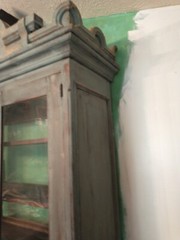 Antique Country Farmhouse Old Blue Milk Paint 2 Piece Step Back Cabinet Cupboard