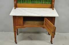 Antique English Arts & Crafts Birch Wood Green Tile Backsplash Washstand Server