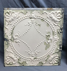 One Decorative Salvaged 18″ SQ. Shabby Diamond Ceiling Tin Panel Old 1769-23B
