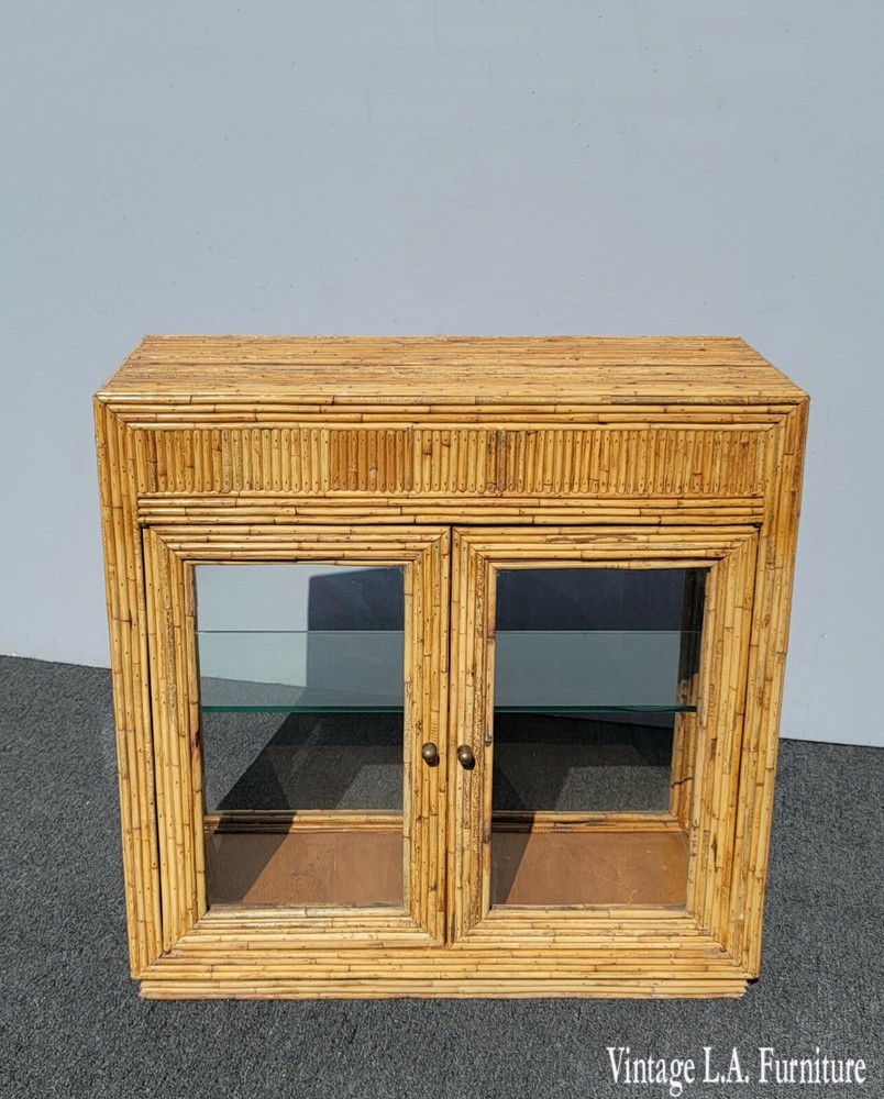 Vintage 1950s Vertically Stacked Bamboo Lowboy Display Cabinet w Two Shelves