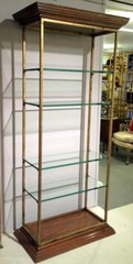 Vintage Mid Century Custom Oak Gilt Steel Metal Shelf Etagere Display Case 78″