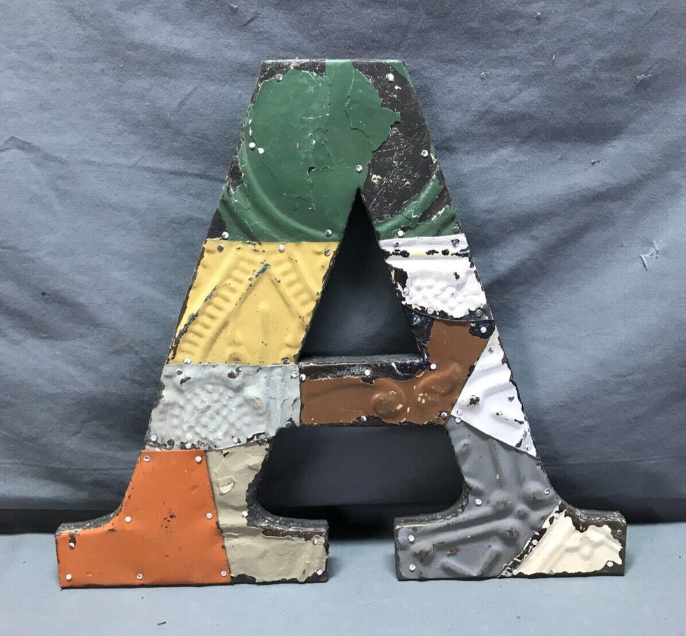 Decorative Salvage Tin Ceiling 12″ Patchwork Metal VTG Letter A Old 272-25B