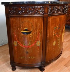1910 Antique French Walnut & Satinwood Hand painted and Marble topDemi-lune