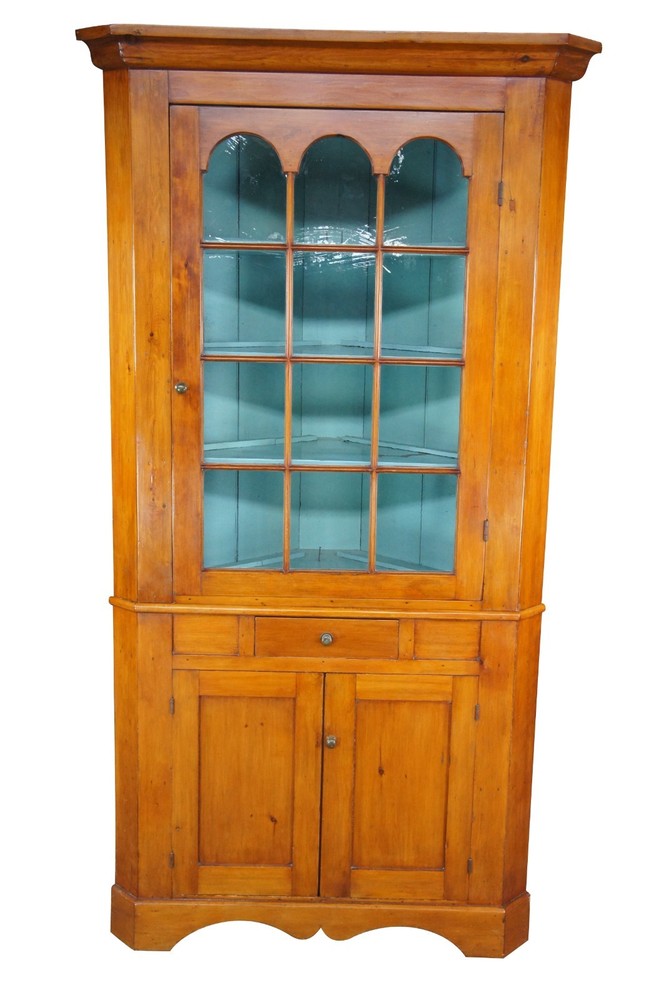 Antique Early American Primitive Pine Farmhouse Corner Cabinet Cupboard 90″