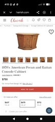 1970s American Pecan Rattan Console Cabinet with Shelf, 2 Doors