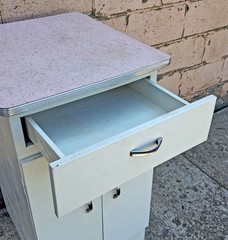 Vintage Old Mid Century Retro Atomic Era Metal Steel Kitchen Cabinet Formica Top