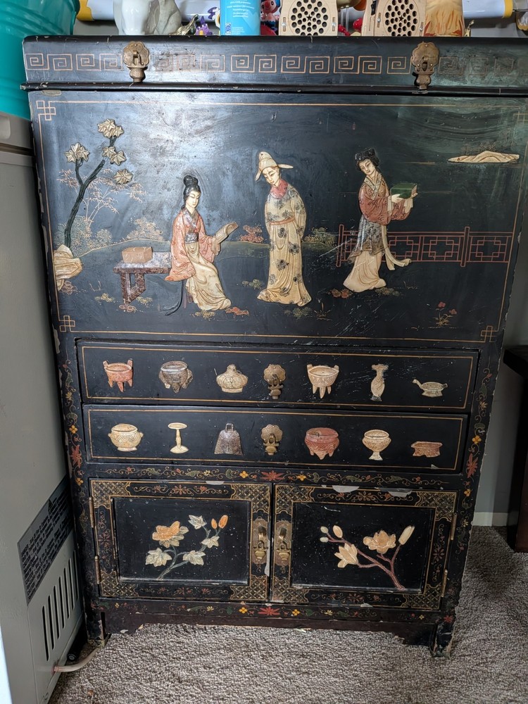 Antique Black Lacquered Wood Cabinet w/ Asian Motif, 2 Doors 2 Drawers 2ft