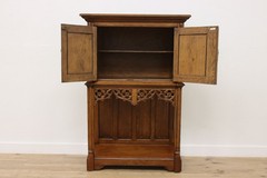 Gothic Antique Oak Bar, Hall or Bath Cabinet, Carved Knights #55395