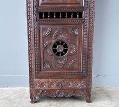 71″ Tall French Antique Breton Cabinet in Solid Chestnut Wood w/Carved Figures