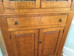 Tiger maple antique reproduction corner cupboard, custom made