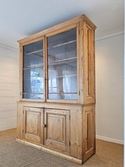 Grand Antique English Pine Display Cabinet Glass Doors Farmhouse Cupboard Hutch