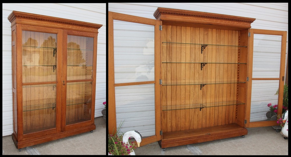 Antique Square Nail Quartersawn Oak 2 Door Display Case Cabinet Egg & Dart Crown
